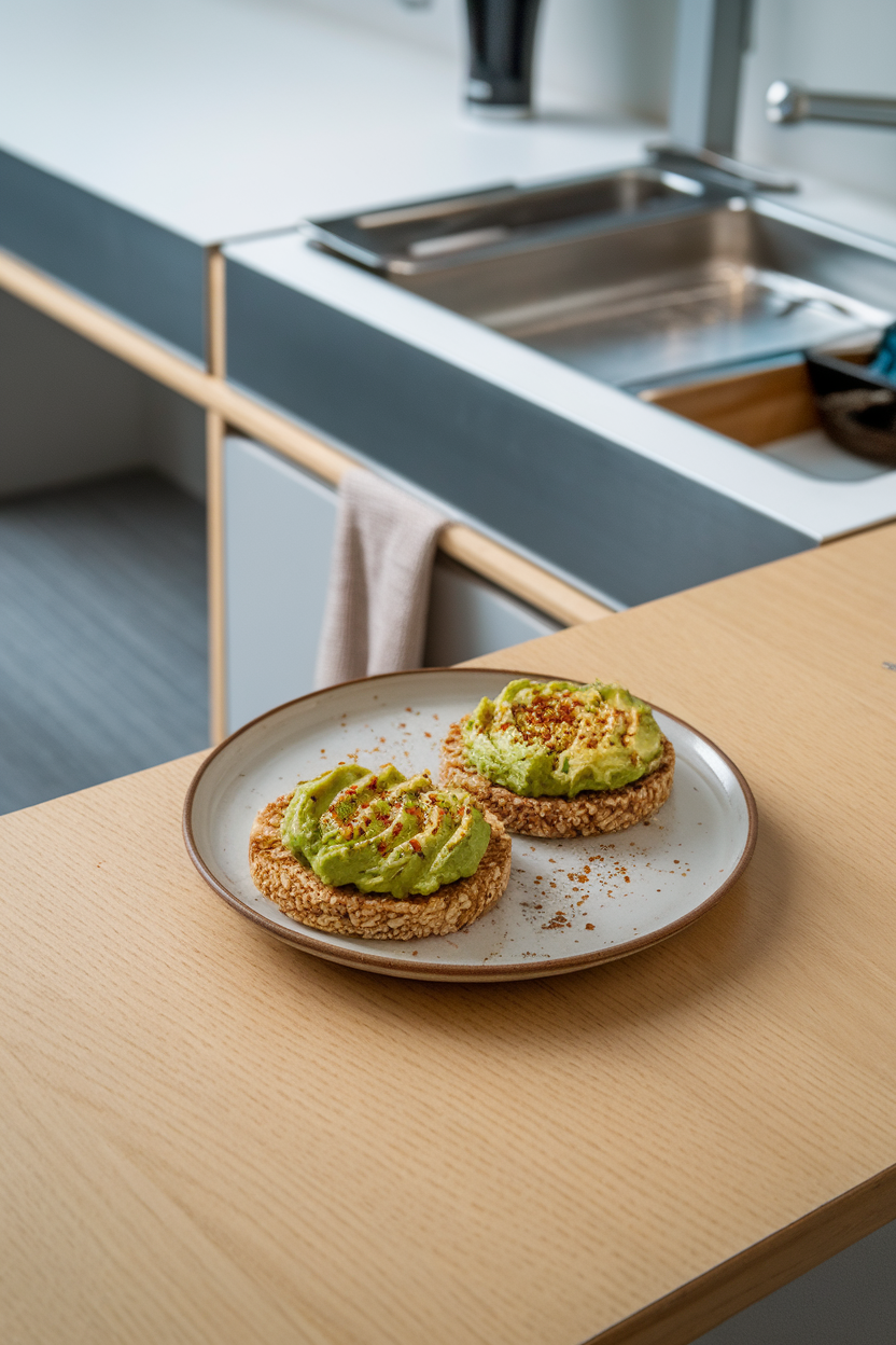 Photo — an indoor office kitchenette counter with two whole-grain rice cakes topped with mashed avocado, sprinkled lightly with chili flakes. Soft overhead lighting; no text or logos in view.