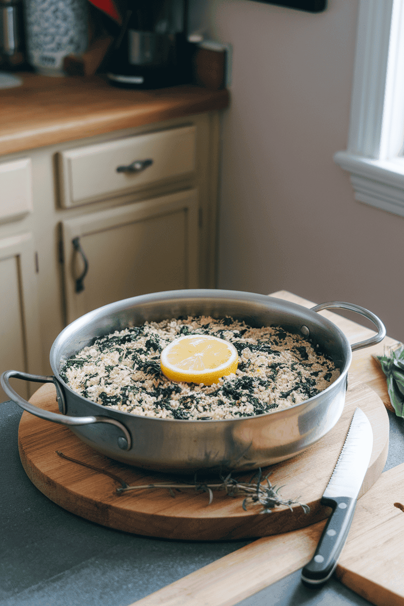 Indoor kitchen island with a shallow pot of green-flecked rice and spinach, topped with a lemon wedge. No text or logos present.