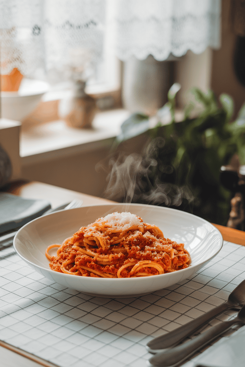 An indoor kitchen table scene featuring a shallow white bowl piled high with spaghetti tossed in a rich, chunky tomato-meat sauce, finished with a light snowfall of grated Parmesan; gentle steam visible; no text or logos anywhere.
