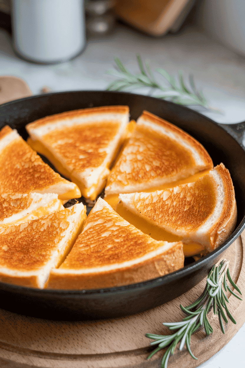 An indoor skillet with golden grilled cheese sandwiches cut into triangles, cheese visibly oozing at the edges. No text or branding.