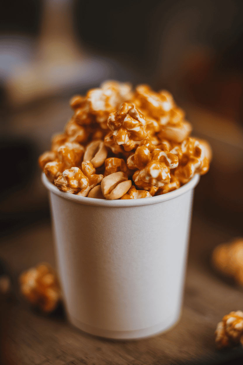 An indoor tabletop shot of a plain white paper cup brimming with caramel-coated popcorn mixed with scattered peanuts. Soft ambient lighting, no text or logos visible, photo only.