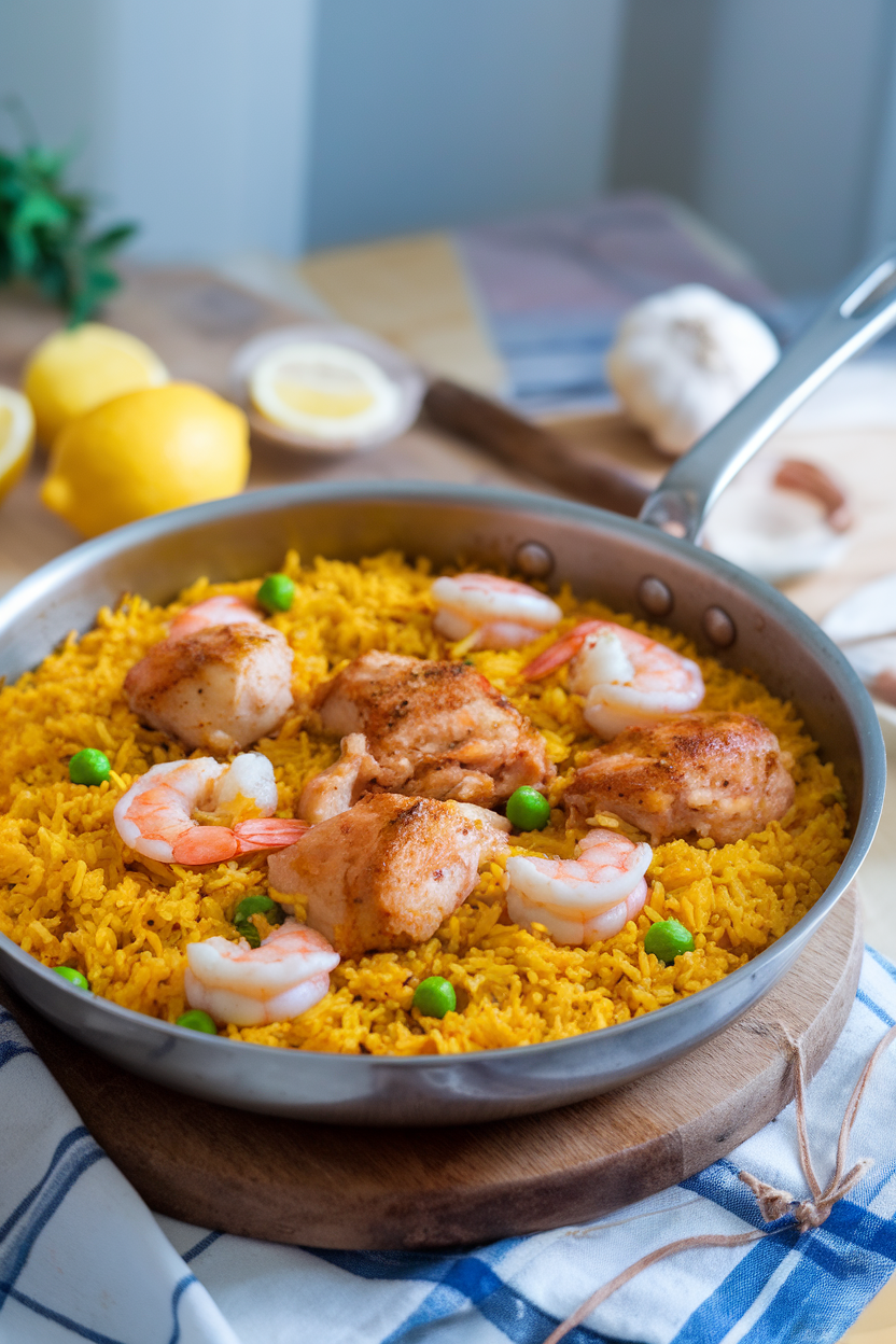 Indoor photo of a shallow pan holding saffron-colored rice with cooked chicken chunks, shrimp, and peas. No visible text or logos.