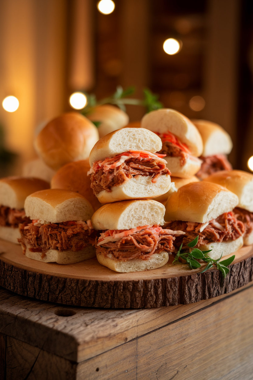 Photo of an indoor serving board stacked with mini brioche buns filled with cooked pulled pork and a bit of coleslaw. Warm, cozy lighting; no text or logos.