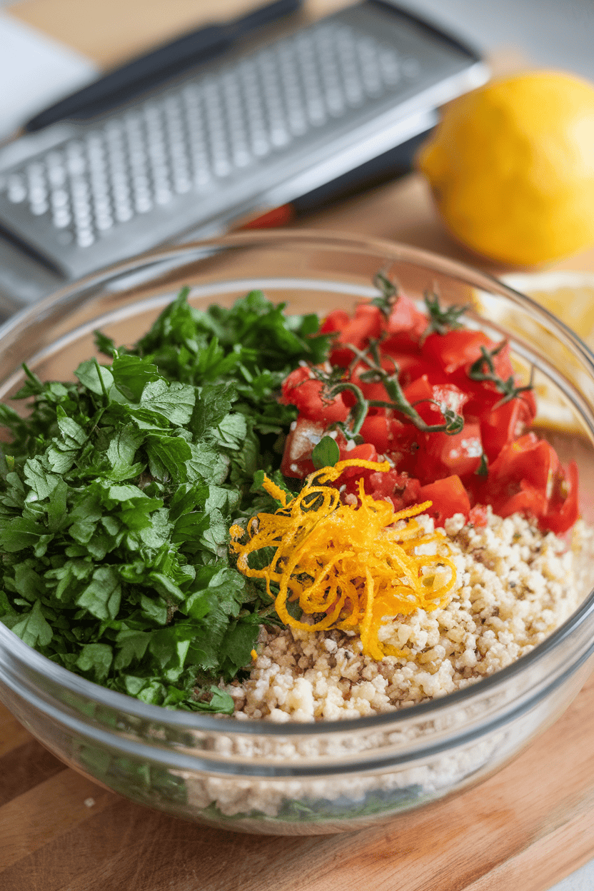 Indoor bowl brimming with finely chopped parsley, mint, tomatoes, and bulgur, flecked with lemon zest. Photo only, no text or logos.