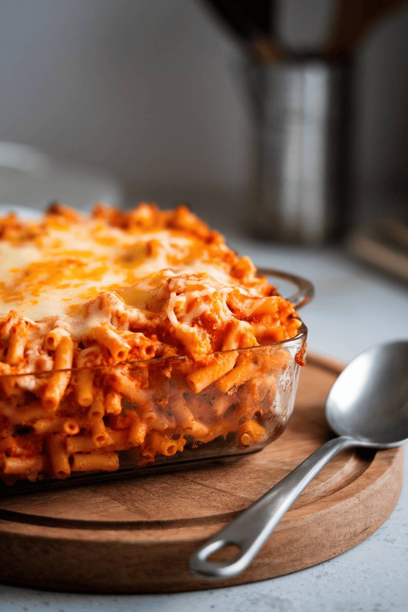 Indoor photo of a bubbly baking dish of cheese-topped baked ziti, a single serving spoon resting nearby. No visible text or logos.
