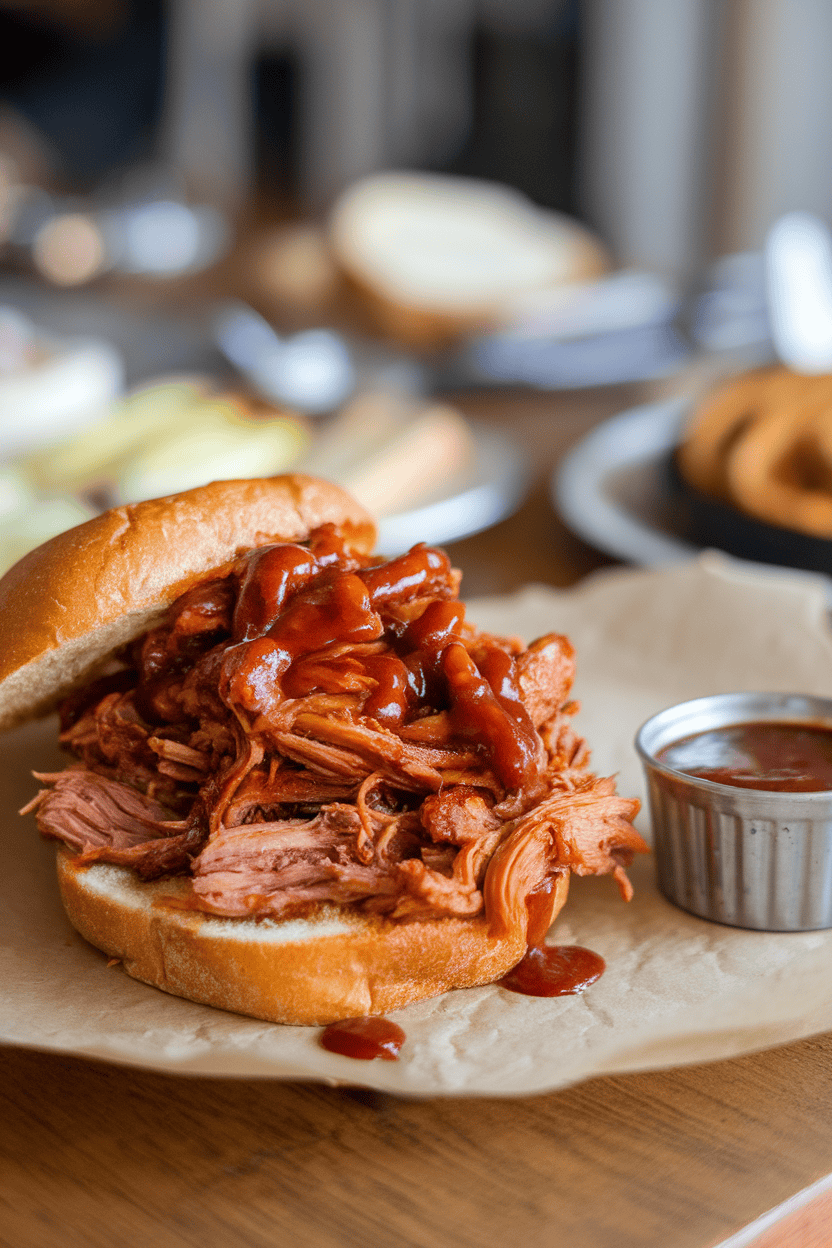 An indoor dining table showcasing a saucy pile of pulled jackfruit on a toasted bun, with a small ramekin of extra barbecue sauce beside it. No logos or text.