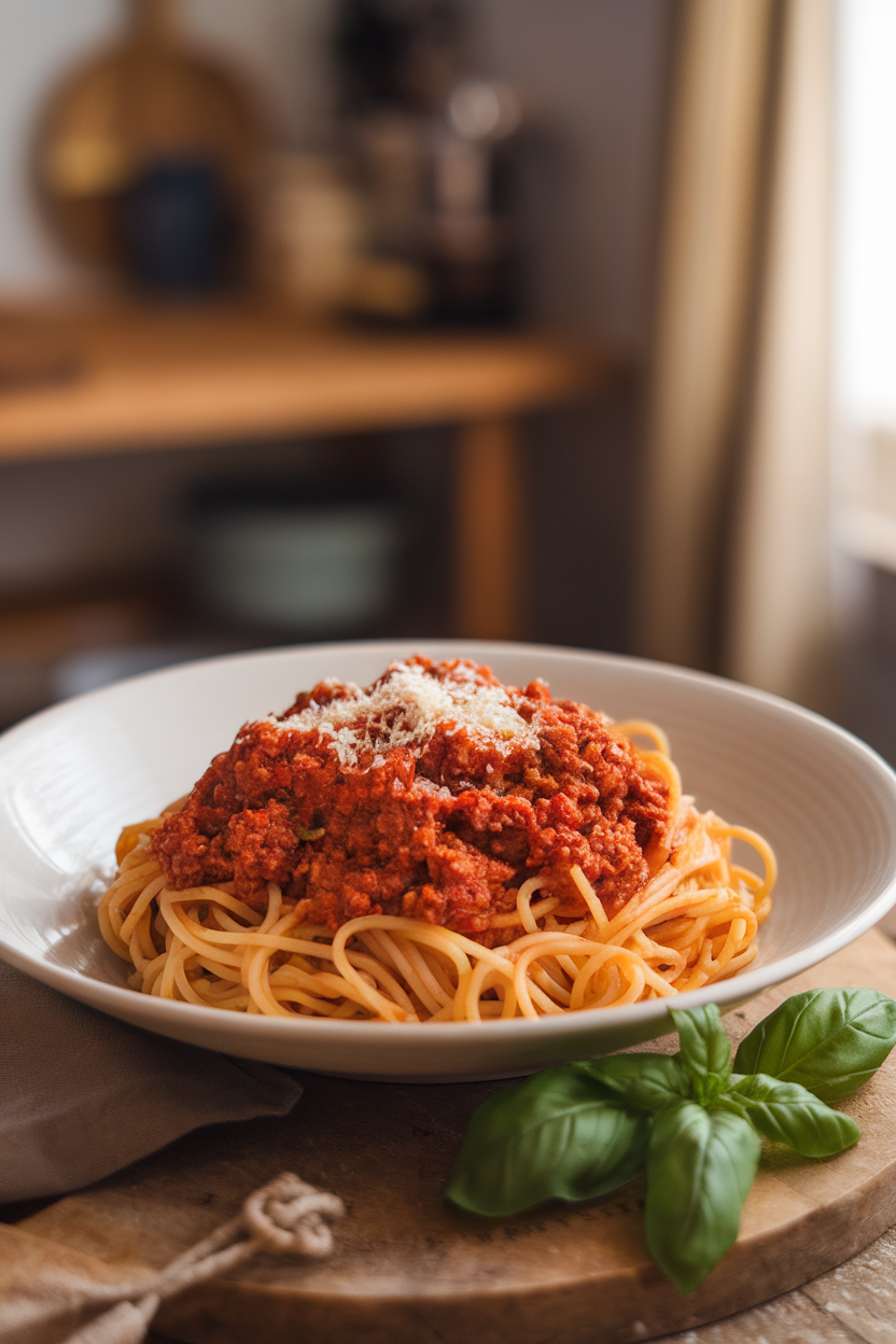 Indoor photo of a shallow white bowl filled with cooked spaghetti topped with hearty ground-beef tomato sauce and a light sprinkle of grated Parmesan. Warm, soft kitchen lighting; no text or logos visible. Photo, not illustration.