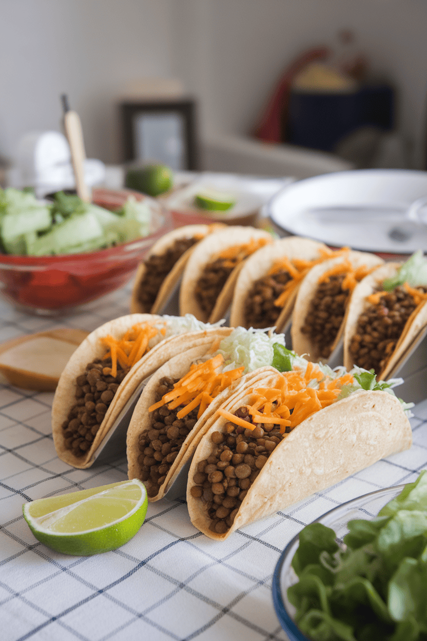 Indoor dining table with hard taco shells filled with seasoned brown lentils, grated cheese, and shredded lettuce, lime wedge nearby. No text or logos present.
