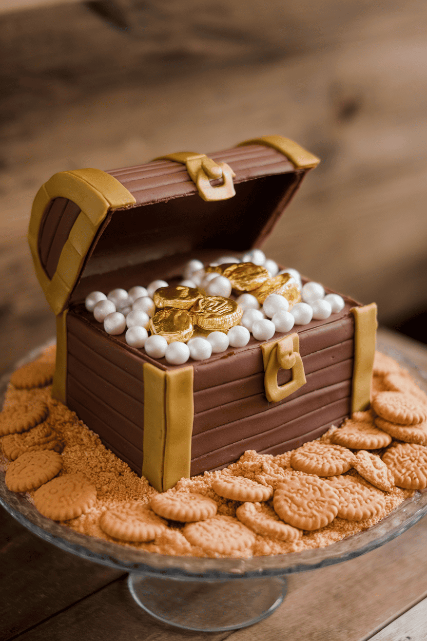 Indoor photo of a chest-shaped chocolate cake with a raised lid revealing candy pearls and gold-foil-wrapped coins, resting on a plate of cookie “sand”; no text or logos.
