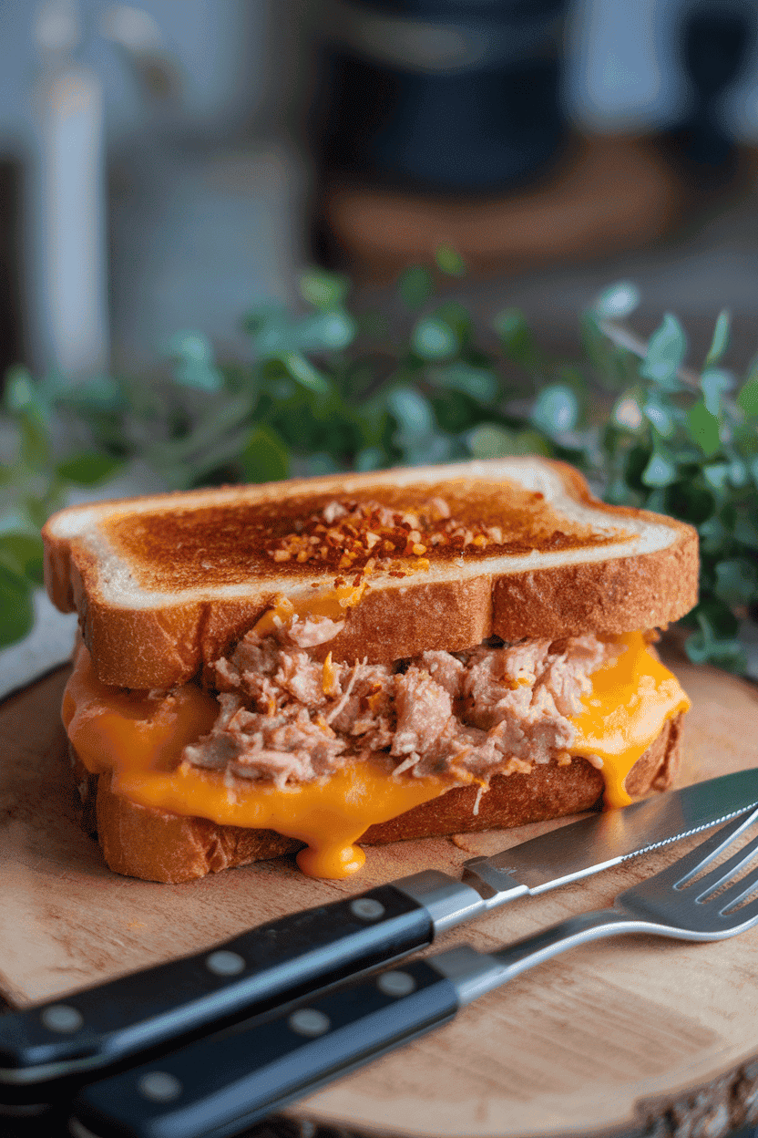 Indoor photo of a toasted sandwich with melted cheddar oozing over a cooked spicy tuna filling, steam just visible, no text or logos.