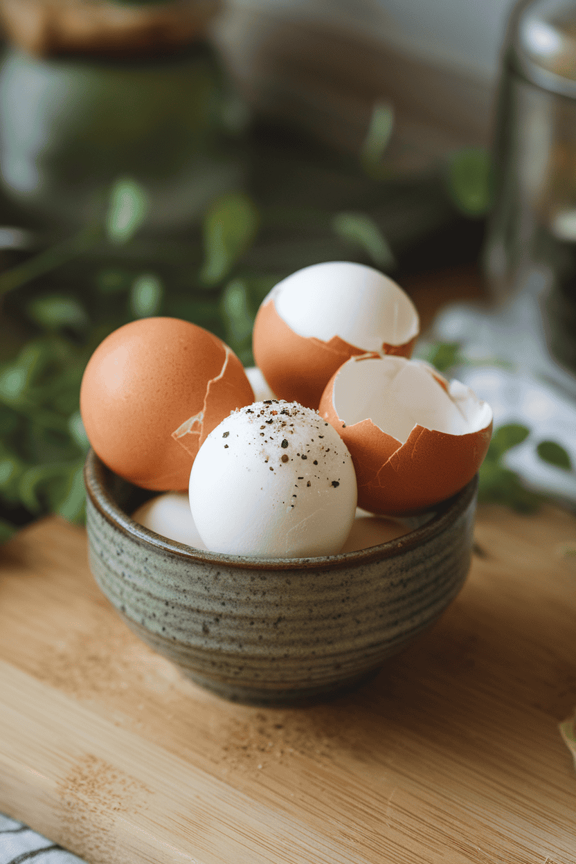 A photo of a small indoor ceramic bowl filled with peeled hard-boiled eggs sprinkled lightly with salt and pepper, steam absent, no text or logos.