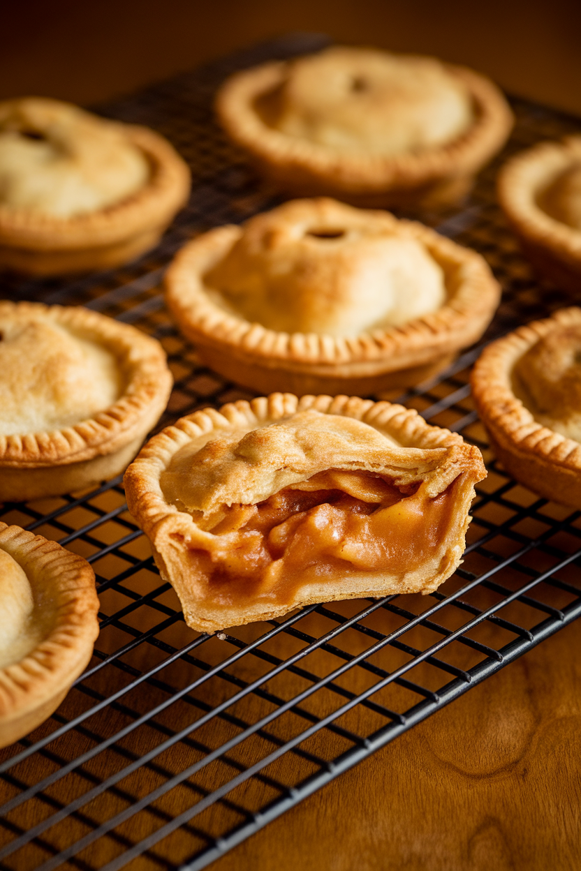 Photo of an indoor cooling rack with golden handheld apple pies, one broken open to show cinnamon-spiced filling. Warm side lighting; no text or logos.
