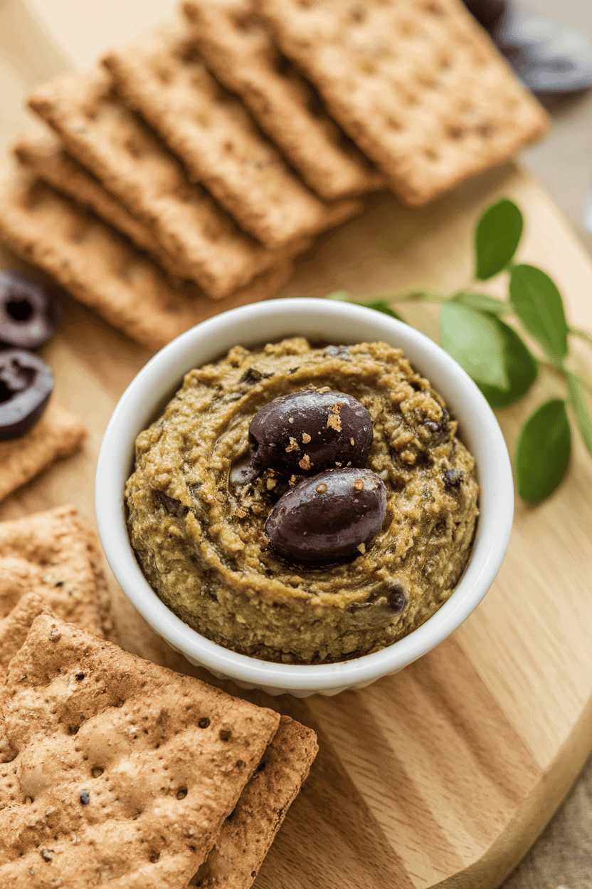 Indoor appetizer spread showcasing a small bowl of chunky black and green olive tapenade with a side of whole-grain crackers. No text or logos present.