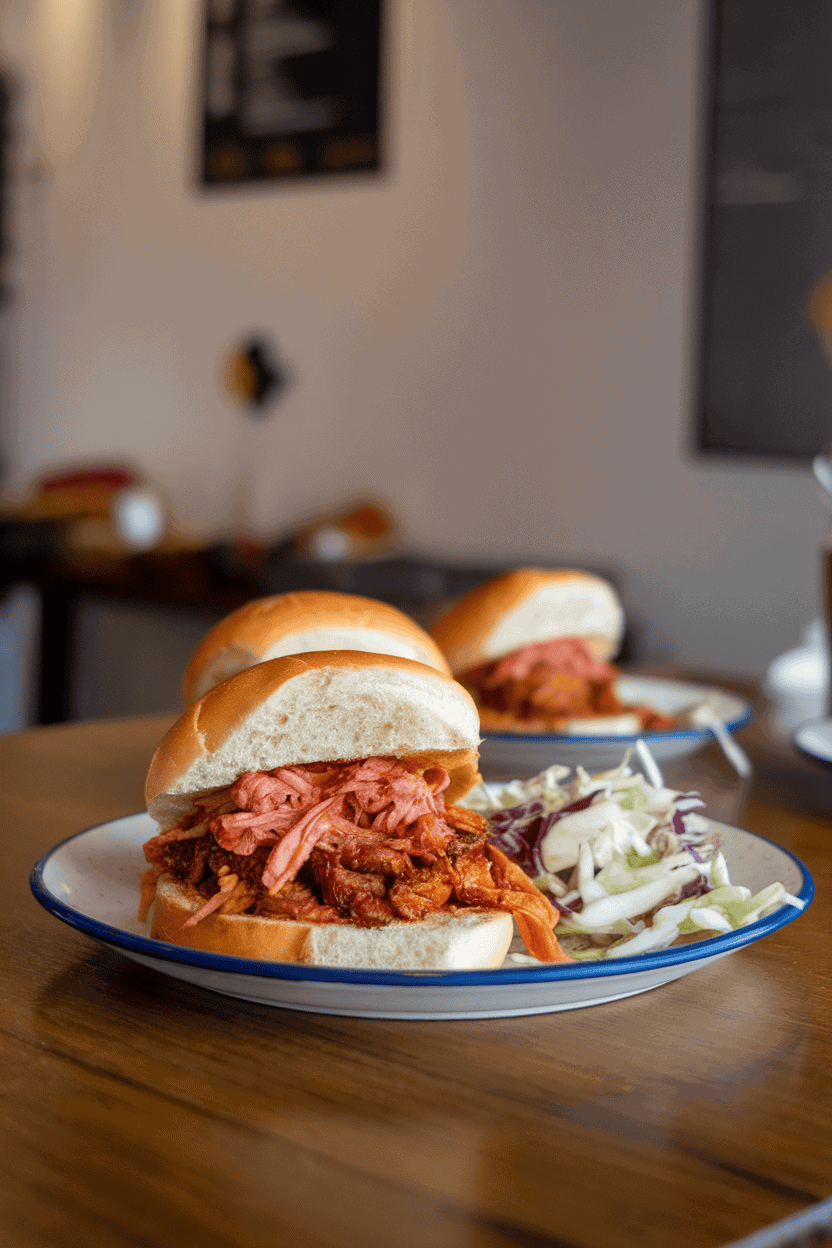Photo of pulled BBQ jackfruit on soft buns with slaw in the background, all on a wooden table indoors. No visible text or logos.