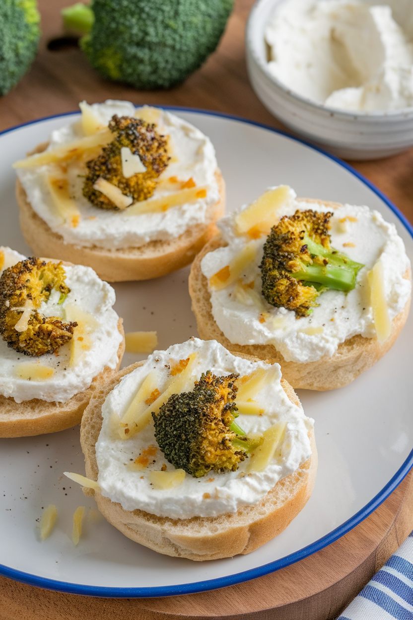 Indoor photo of mini plain bagel halves, ricotta cheese cup, shredded mozzarella, minced garlic, and steamed broccoli florets—no logos or text present.