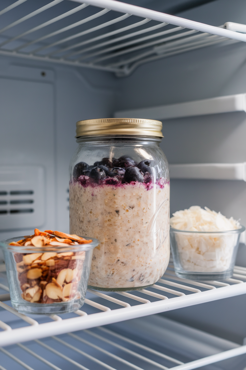 Indoor fridge-shelf view of a mason jar filled with blueberry overnight oats, alongside two small add-in cups—one with chopped almonds, one with coconut flakes. No logos, no text.
