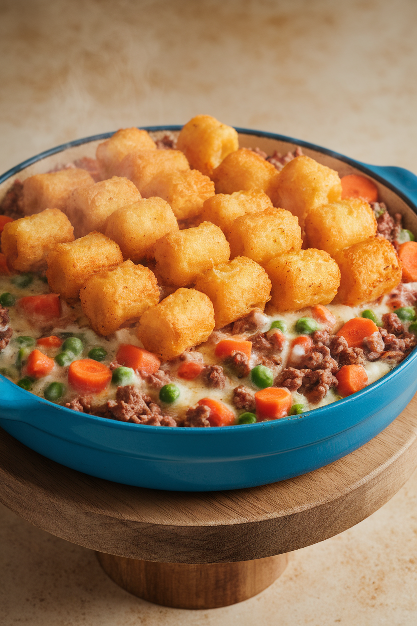 Indoor casserole dish topped with a golden layer of crisp tater tots over creamy beef and vegetable filling, steam visible. No text or logos. Photo, not illustration.