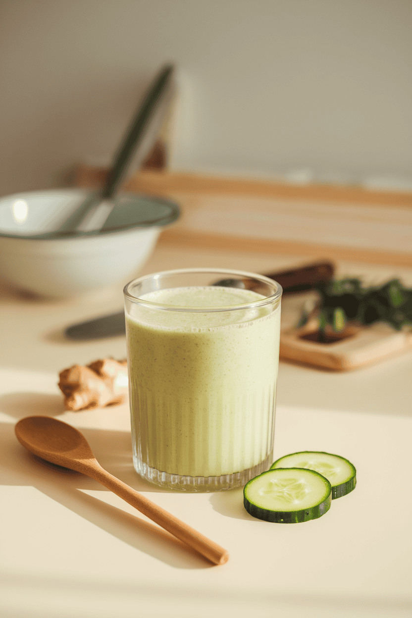Indoor kitchen setting with a pale green smoothie in a clear glass, cucumber rounds and a small knob of ginger staged beside it. Photo, no text or logos.