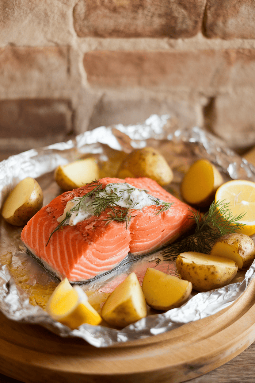 A warmly lit indoor photo showing cooked salmon on foil dotted with melting dill butter, nestled beside halved baby potatoes. No text or logos.