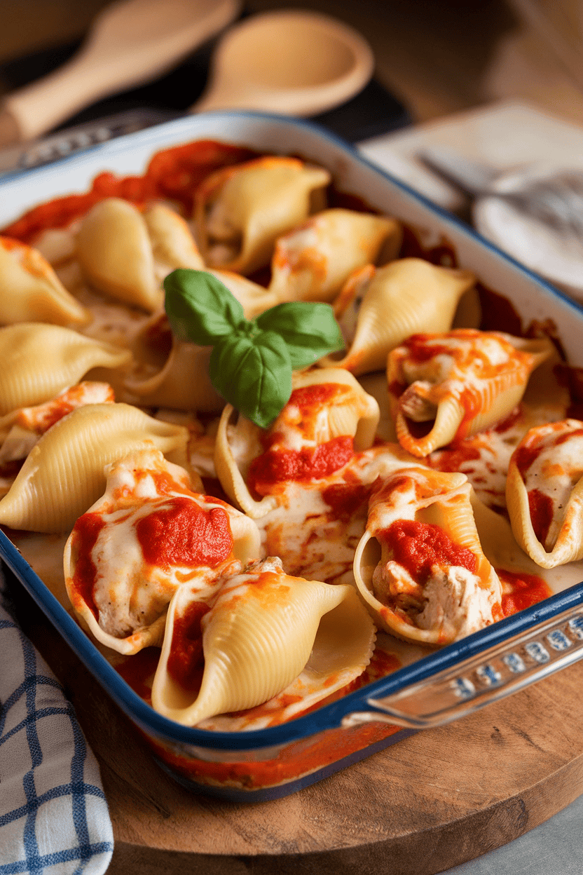 Photo of jumbo pasta shells filled with chicken-ricotta mixture, covered in marinara and melted cheese in a baking dish; indoor lighting; no text or logos.