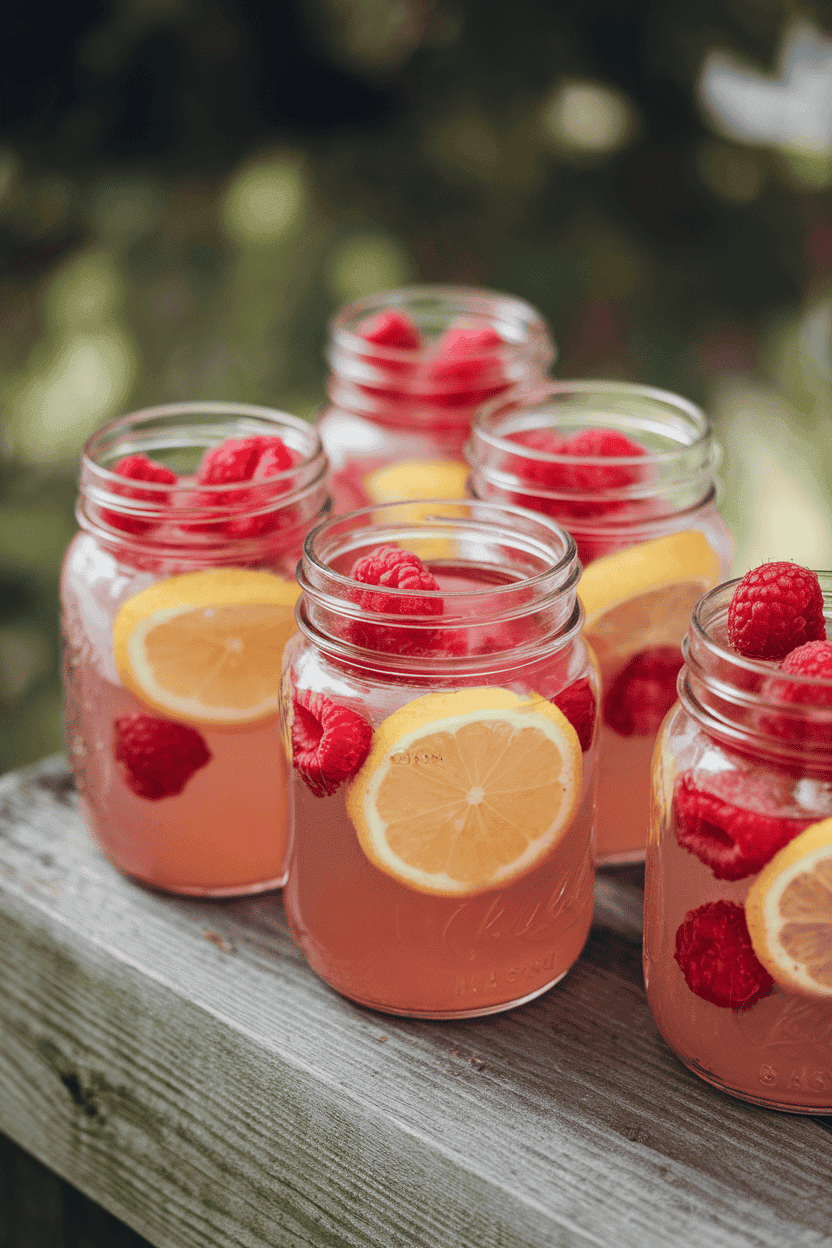 Indoor photo of small mason jars filled with pale pink raspberry lemonade, fresh raspberries floating and lemon wheels against the glass. No text or logos.