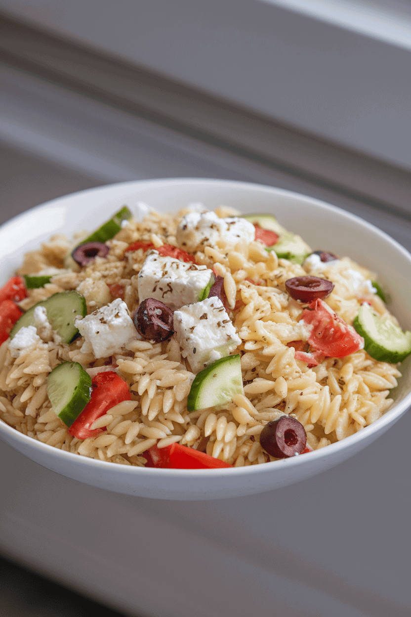 An indoor bowl of orzo pasta salad dotted with feta, cucumber, olives, and tomatoes, lightly dressed—photo, no text or logos.