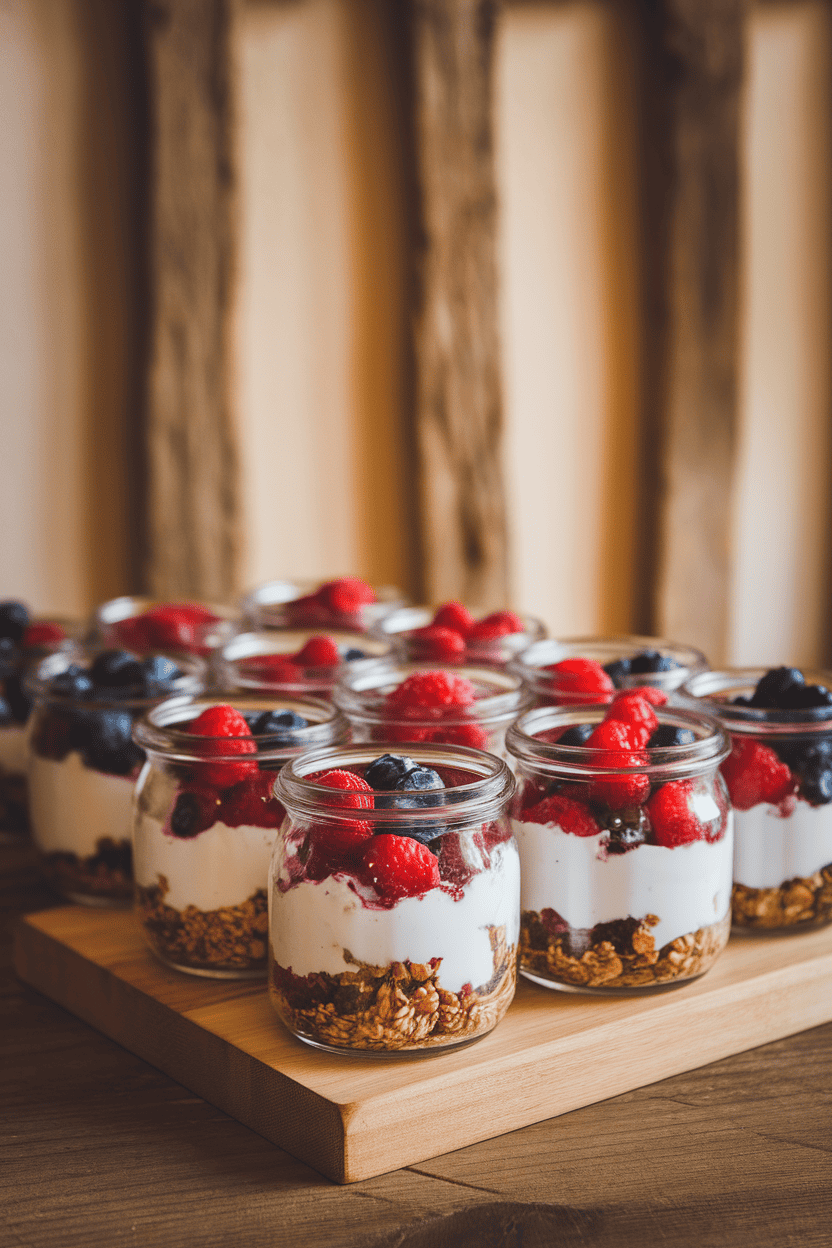 Photo prompt: Indoor array of clear jars layered with Greek yogurt, berries, and granola; no logos, no text.