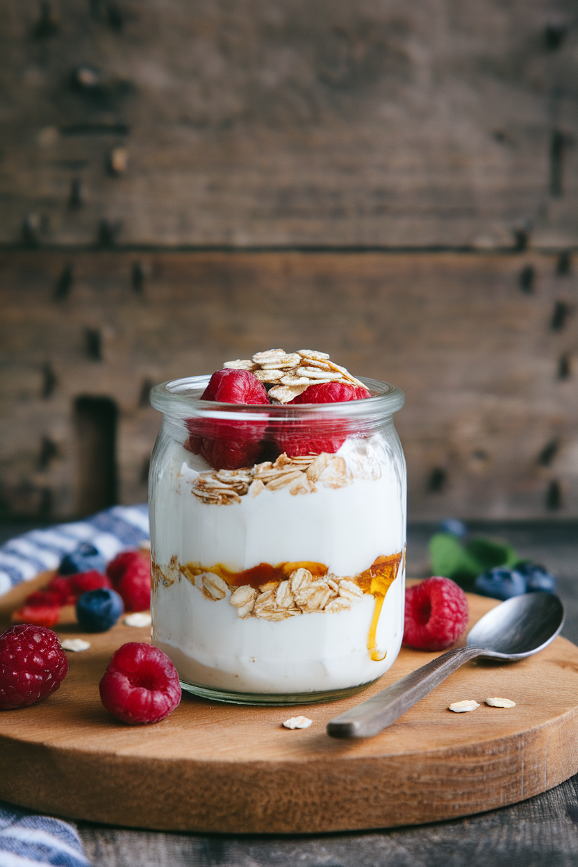 An indoor breakfast nook displaying a clear glass jar layered with plain Greek yogurt, a drizzle of honey, and a spoonful of oats on top, no text or logos, photograph only.