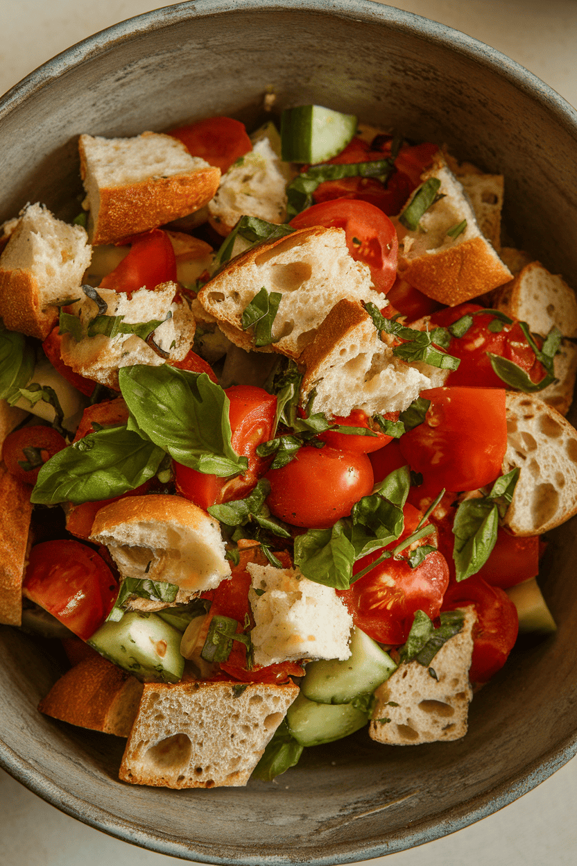 A rustic indoor bowl of chunky bread-and-tomato salad, cubes of crusty bread mingling with juicy tomatoes, cucumber, and basil, lightly coated in olive oil. No text or logos. Photo, not illustration.