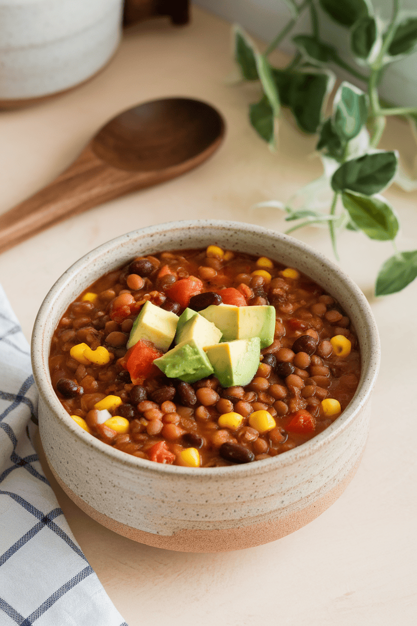 Indoor kitchen counter with a ceramic bowl of hearty lentil soup featuring corn, tomatoes, and black beans, topped with avocado cubes; no text or logos present.