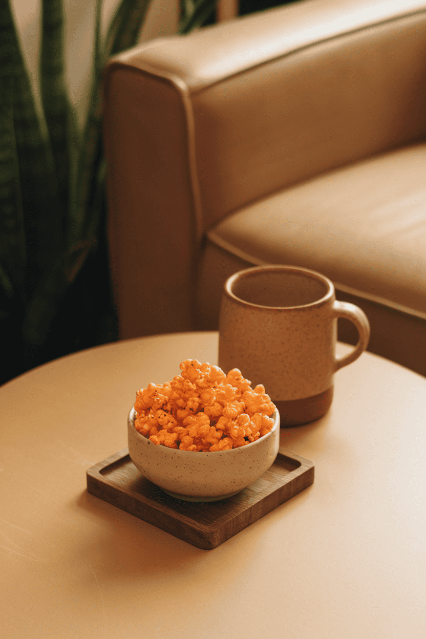 An indoor coffee table scene with a small plain bowl of bright orange cheddar-coated popcorn kernels. Warm lighting, no text or logos.