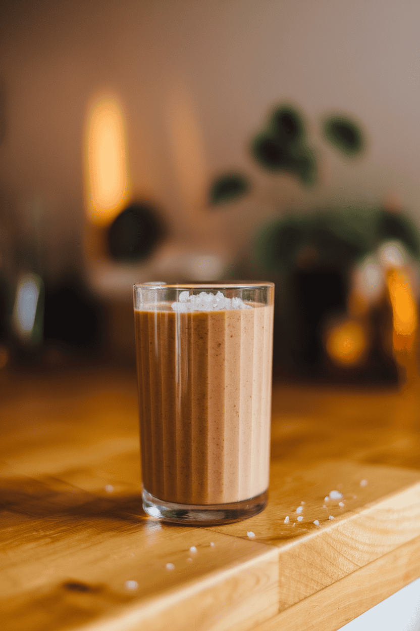 Indoor countertop with a caramel-brown smoothie in a clear highball, sea-salt flakes on foam; soft golden lighting; photograph, not illustration; no text or logos.