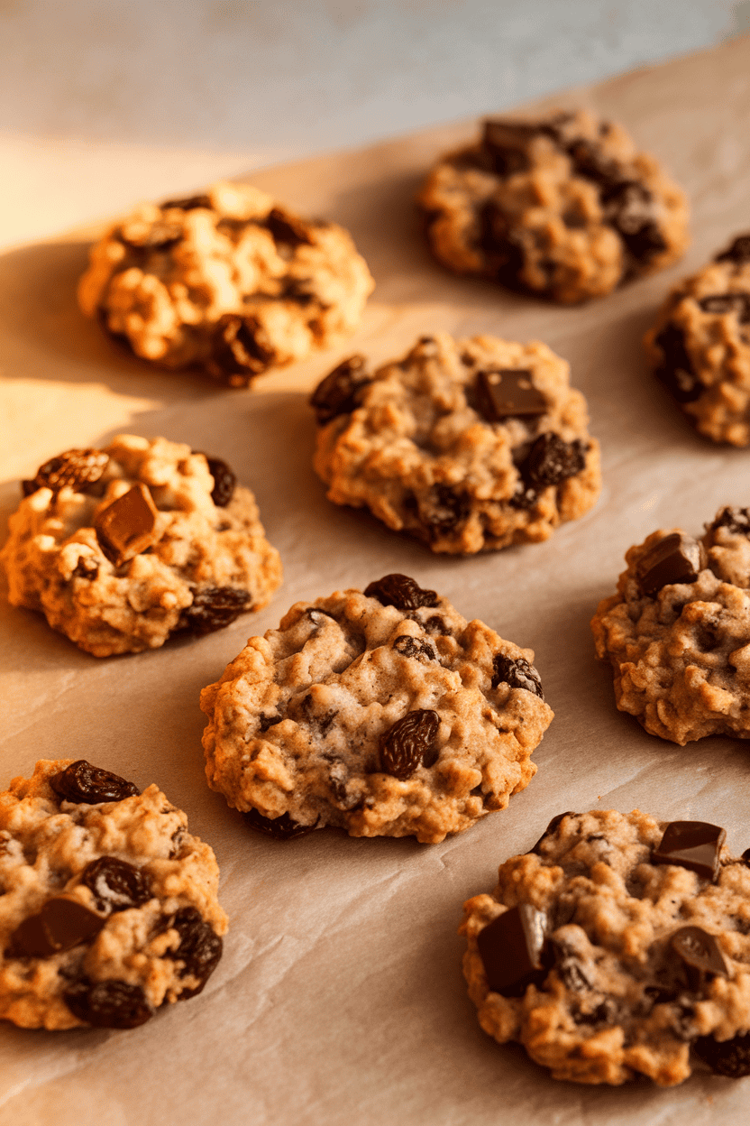 Indoor photo of chunky oatmeal cookies with visible raisins and chocolate chunks, scattered like pebbles on parchment, warm side lighting, no text or logos