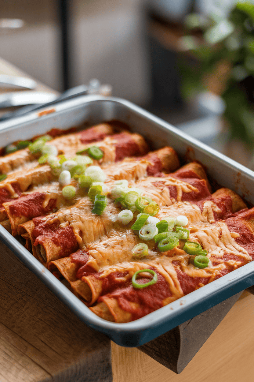 Indoor photo of a tray of beef and bean enchiladas smothered in red sauce and melted cheese, garnished with sliced green onions; no text or logos.