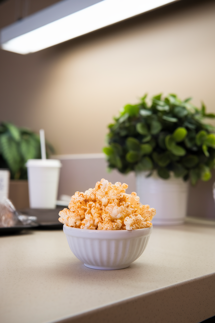 Photo — an indoor break-room countertop with a small white bowl filled to the brim with fluffy air-popped popcorn dusted lightly with paprika. Soft fluorescent lighting; no text or logos.