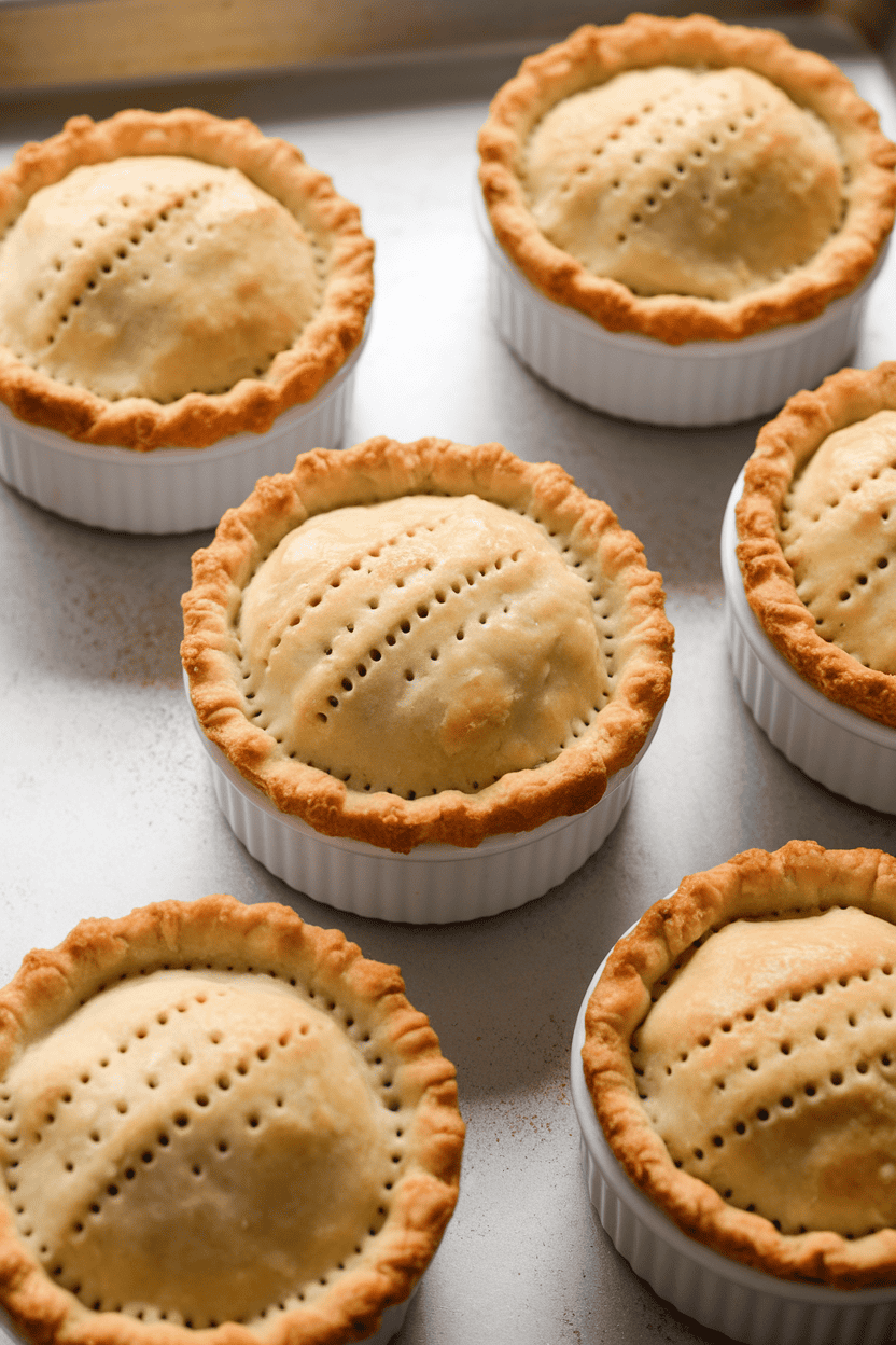 Indoor baking sheet with several individual ramekins of golden-crusted turkey pot pie, crust vented with tiny slits. No text or logos.