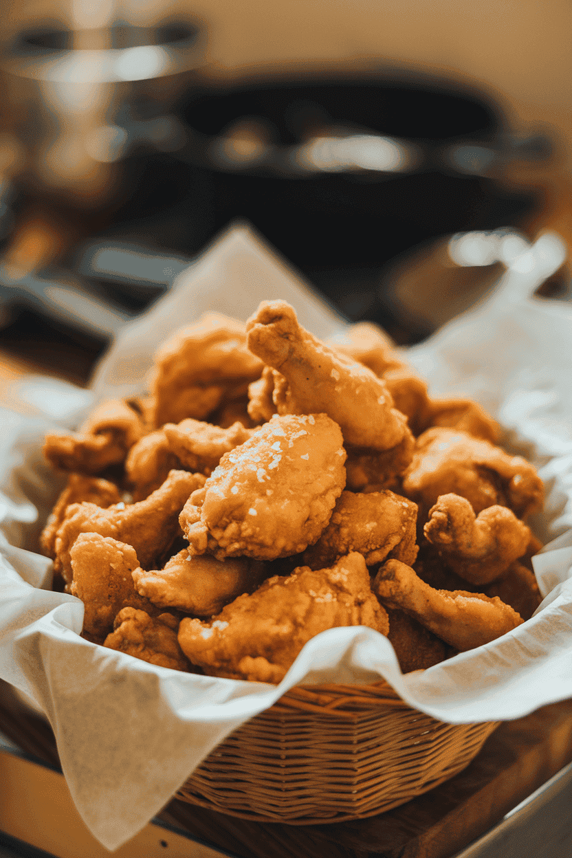 Indoor tabletop photo of a wax-paper–lined basket overflowing with golden, crispy fried chicken pieces, hints of flaky salt visible. Warm, natural window light, no text or logos anywhere in the scene. This should be a photo, not an illustration.