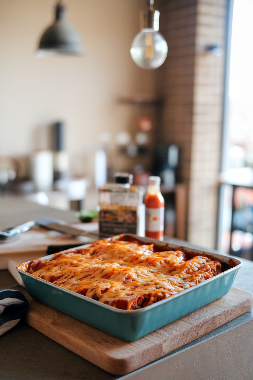 An indoor countertop with a baking dish of cheesy bean enchiladas, sauce bubbling at the edges, photographed from a slight overhead angle. No visible text or logos.