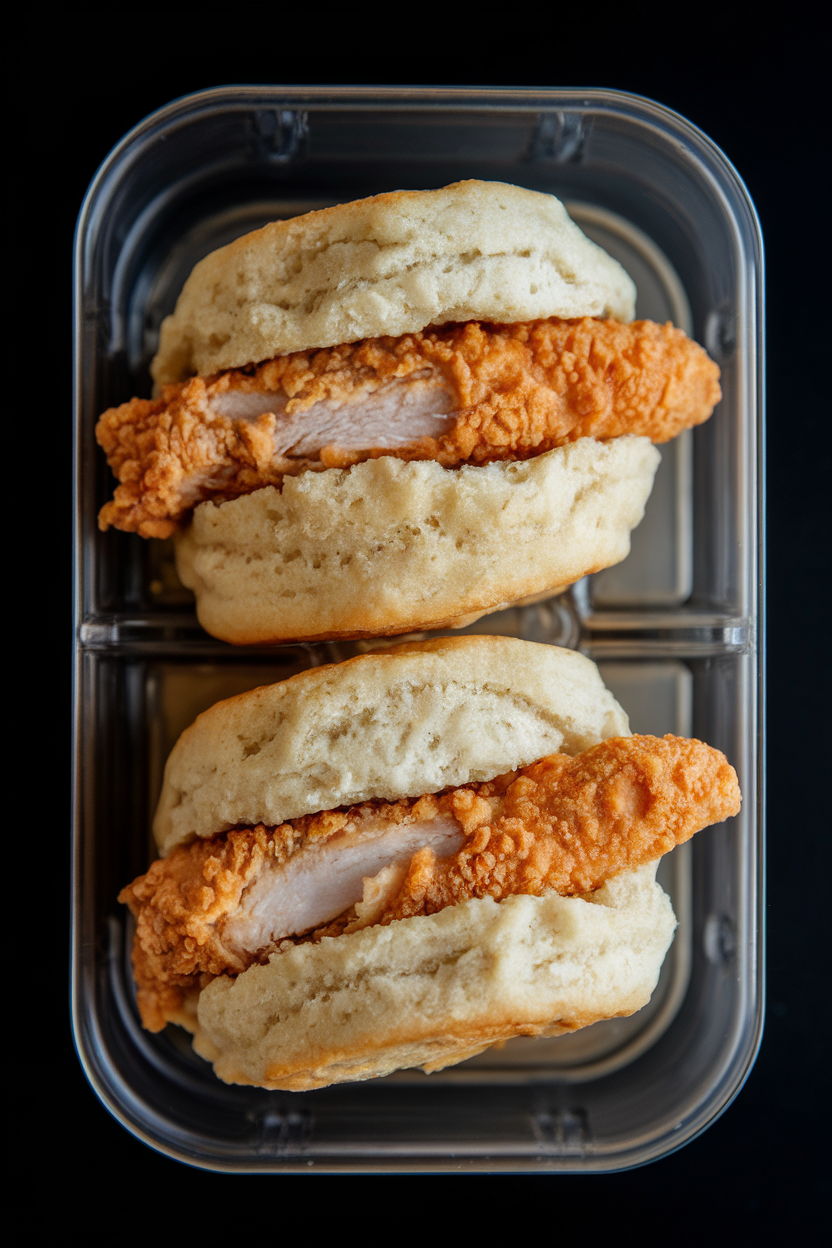 Indoor shot of two mini buttermilk biscuits each filled with cooked crispy chicken tenders, resting in a lunchbox compartment. No text or logos.
