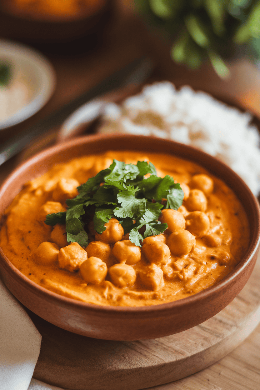 Indoor photo of a bowl of creamy chickpea curry topped with chopped cilantro, side of white rice in the background, no text or logos