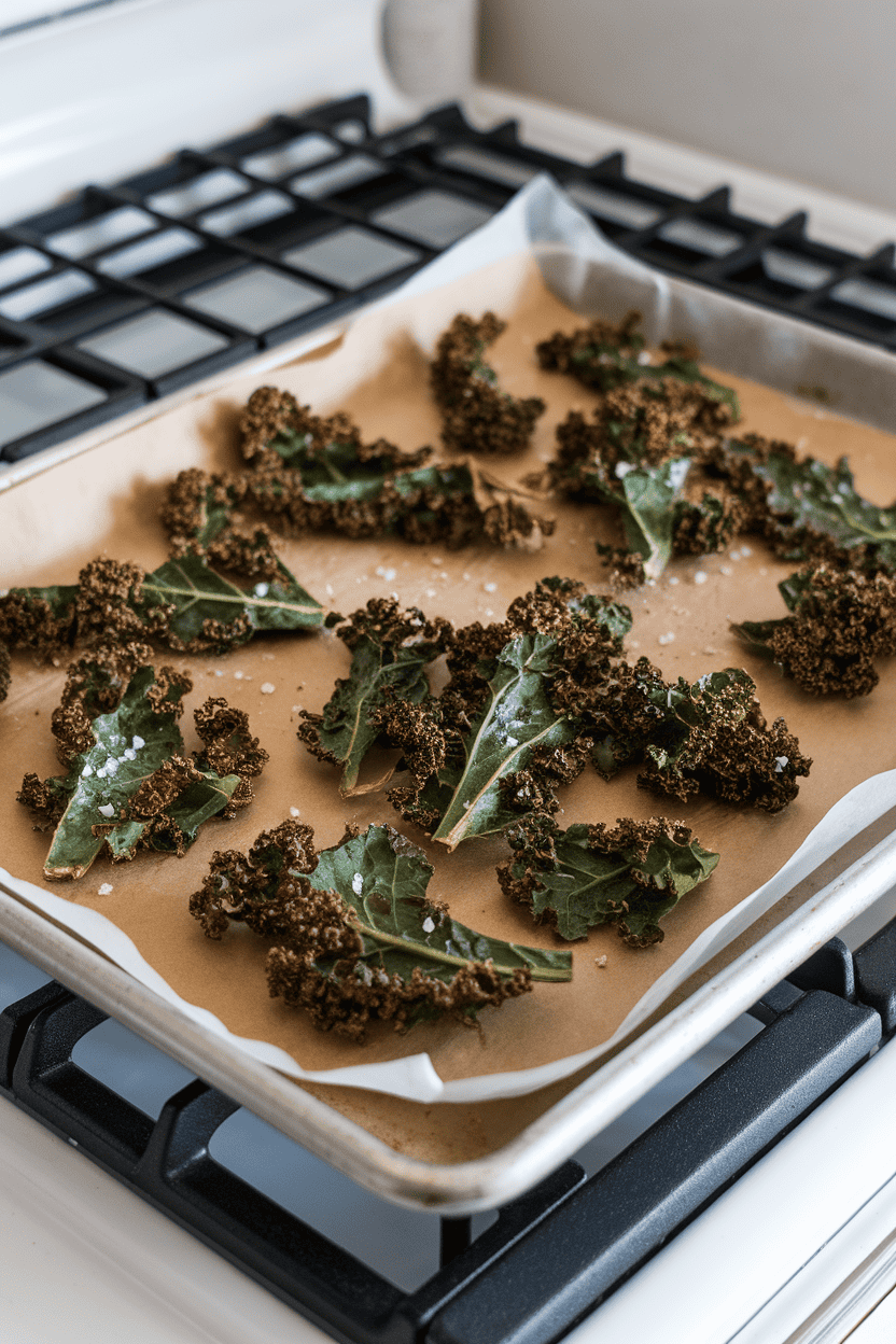 A parchment-lined baking tray on an indoor stove with freshly baked kale chips, edges crisp and slightly browned, a light dusting of sea salt visible. No text or logos. Photo only.