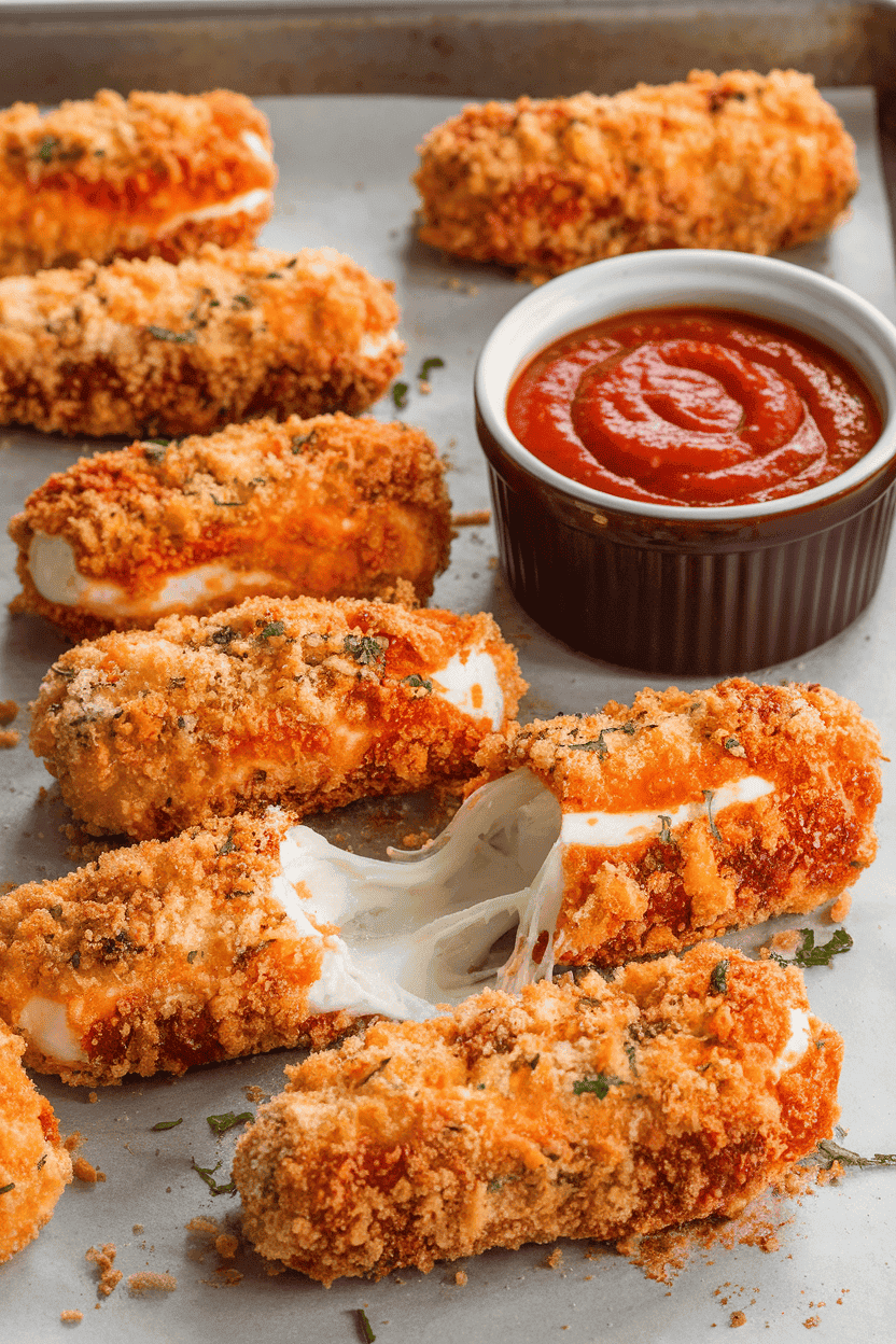 An indoor baking sheet with breadcrumb-coated mozzarella sticks pulled apart slightly to show gooey cheese, a ramekin of marinara beside them; no text or logos. Photo, not illustration.