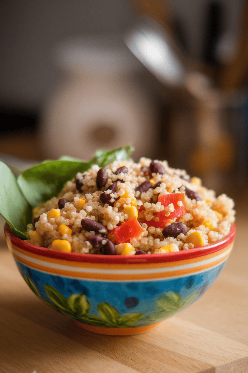 Photo of a colorful bowl of cooked quinoa mixed with black beans, corn, and diced bell pepper, captured indoors; no text or logos.