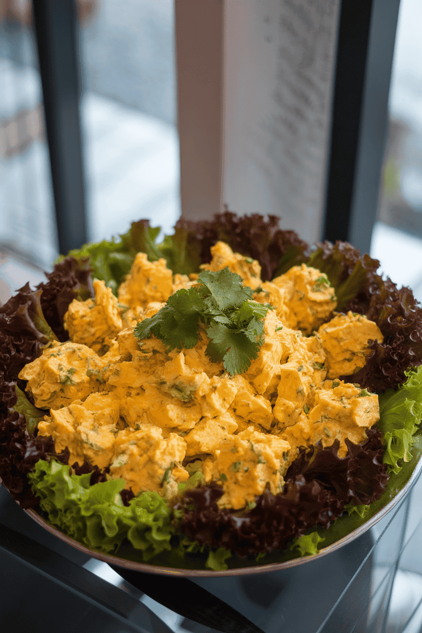 An indoor platter of small lettuce leaves filled with yellow-hued curried egg salad, garnished with cilantro; no text or logos. Photo, not illustration.