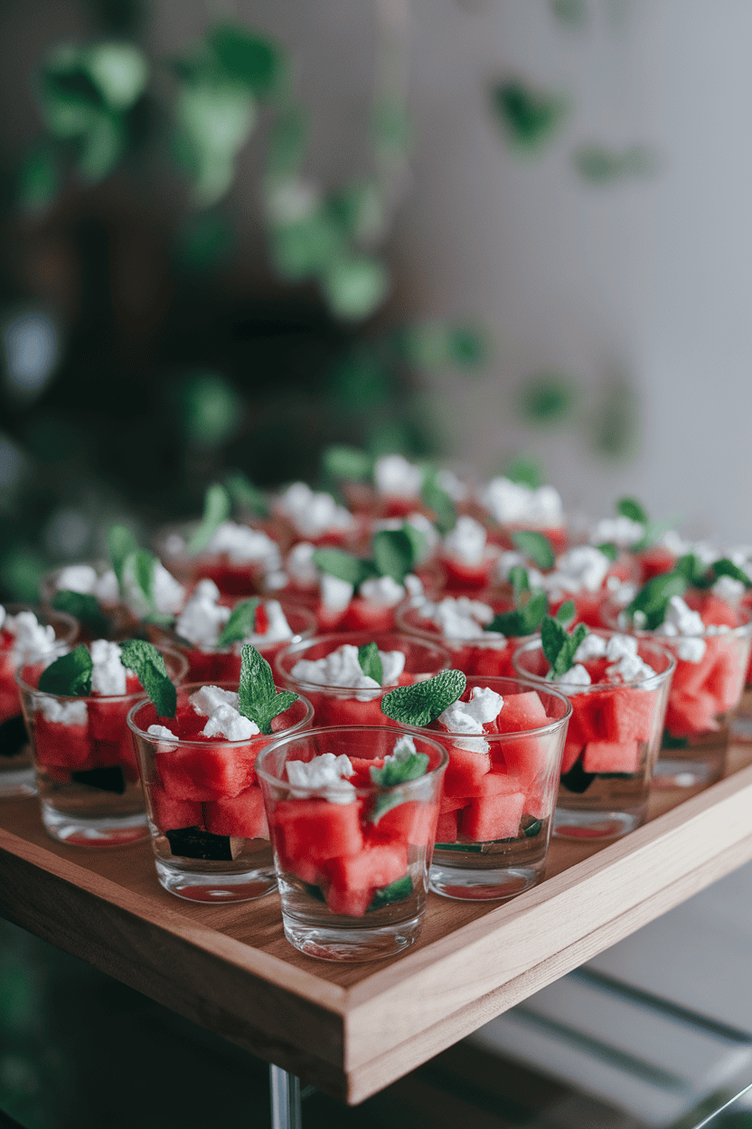 Photo prompt: Indoor shot of small clear cups layered with bright watermelon cubes, crumbled feta, and mint, arranged on a wooden tray; soft diffuse lighting, no text or logos.