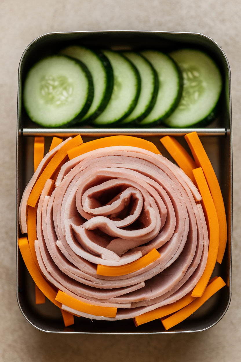 Indoor close-up of turkey slices wrapped around cheddar sticks, set beside cucumber rounds in a divided lunch box. Neutral background, no text or logos, photo only.