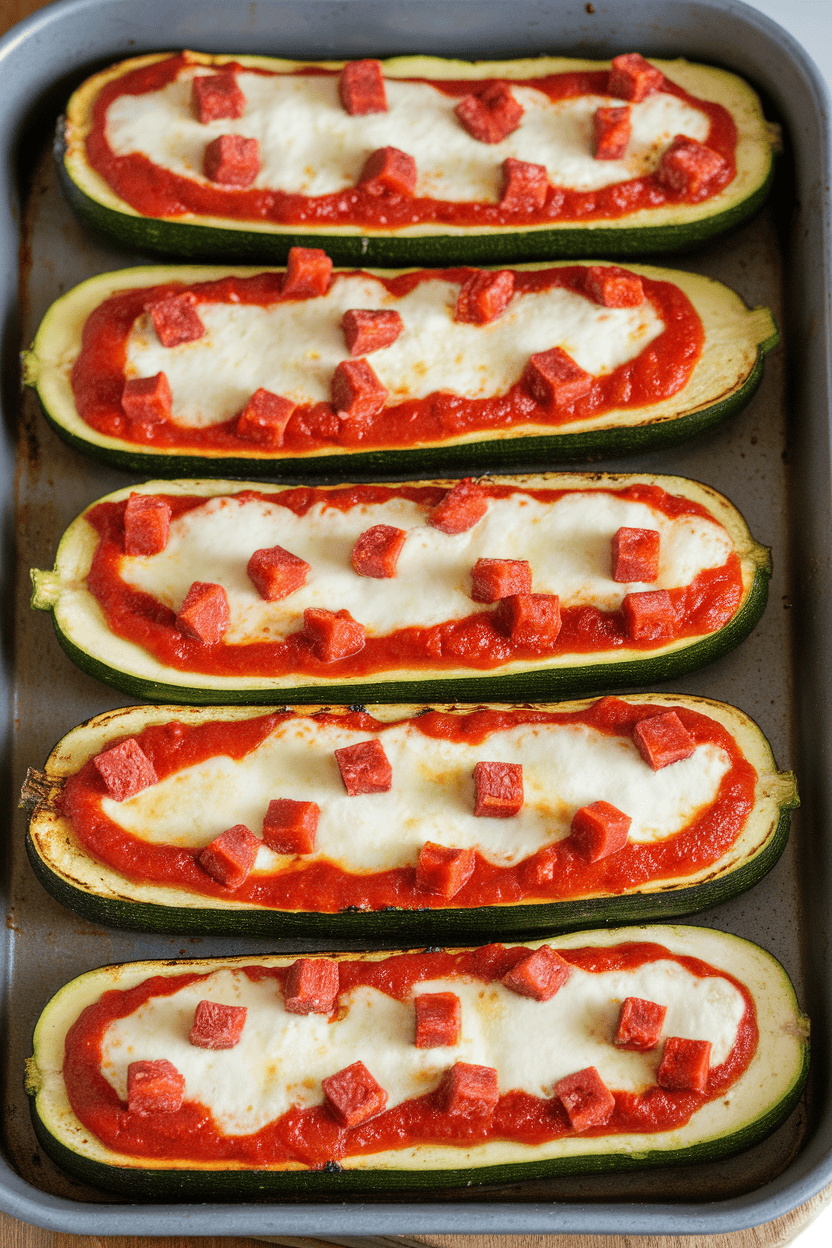 An indoor baking dish of halved zucchinis filled with marinara, diced pepperoni, and melted mozzarella, edges slightly charred. No logos or text.