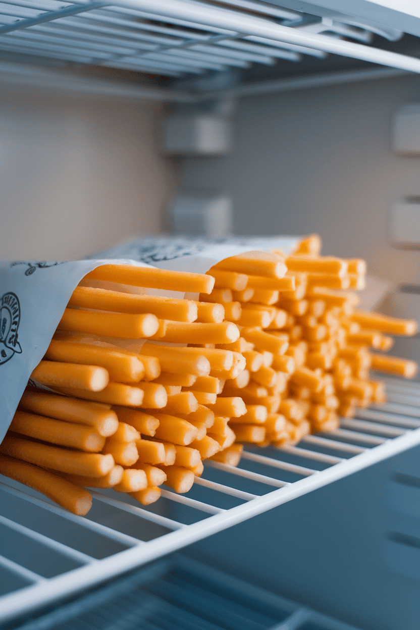 An indoor refrigerator shelf scene showcasing a neat row of individually wrapped mozzarella string cheese sticks. Neutral background, no text or logos visible, photo only.