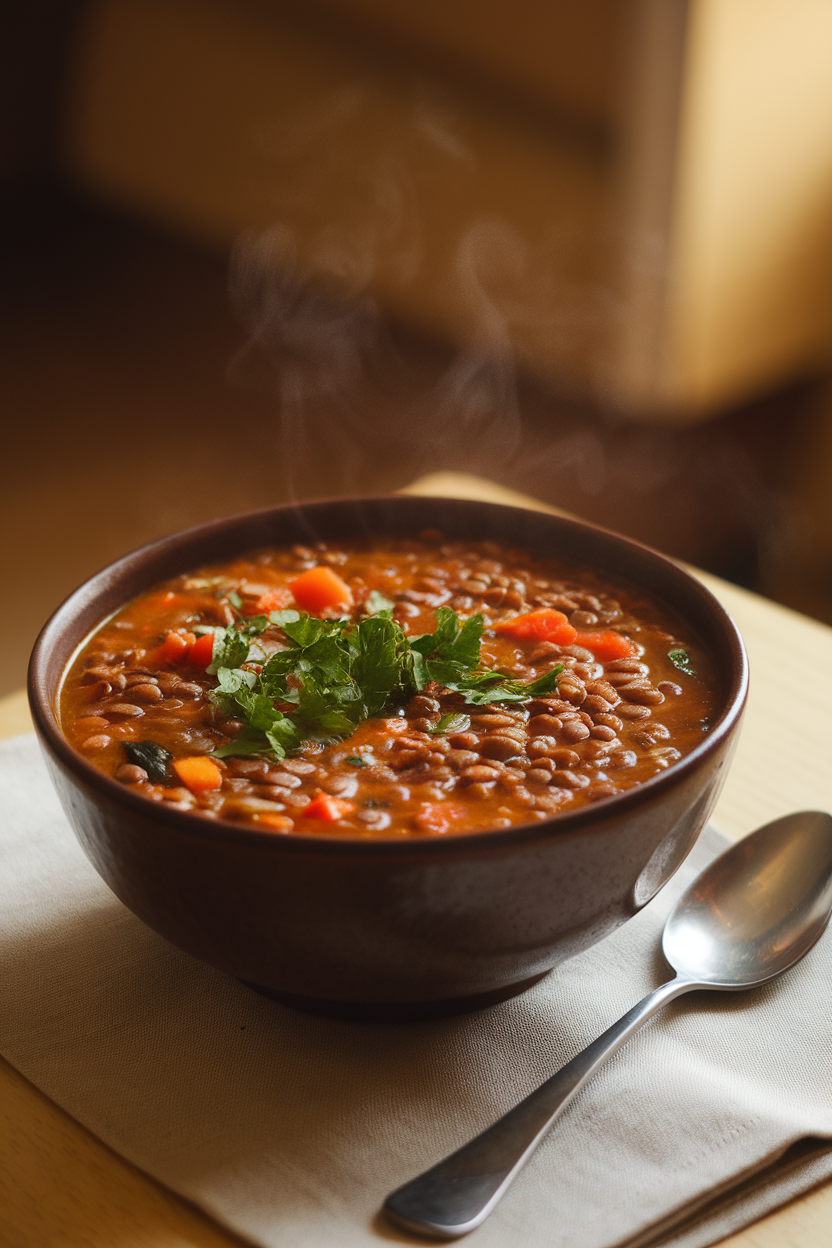 A warmly lit indoor photo of a deep bowl filled with thick lentil and vegetable soup, garnished with chopped parsley. Steam rises gently and a spoon rests nearby on a plain cloth napkin. No text or logos visible anywhere in the scene.