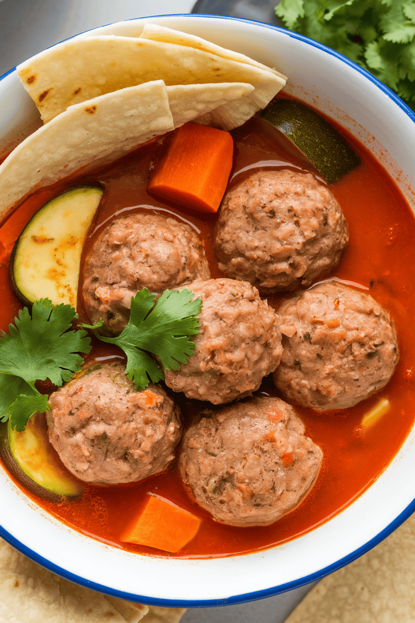 An indoor bowl of Mexican albondigas soup with beef-rice meatballs, carrots, and zucchini in a tomato broth; photo, no text or logos.